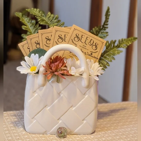 White Ceramic Purse Planter Seed Arrangement - Picture 3 of 4